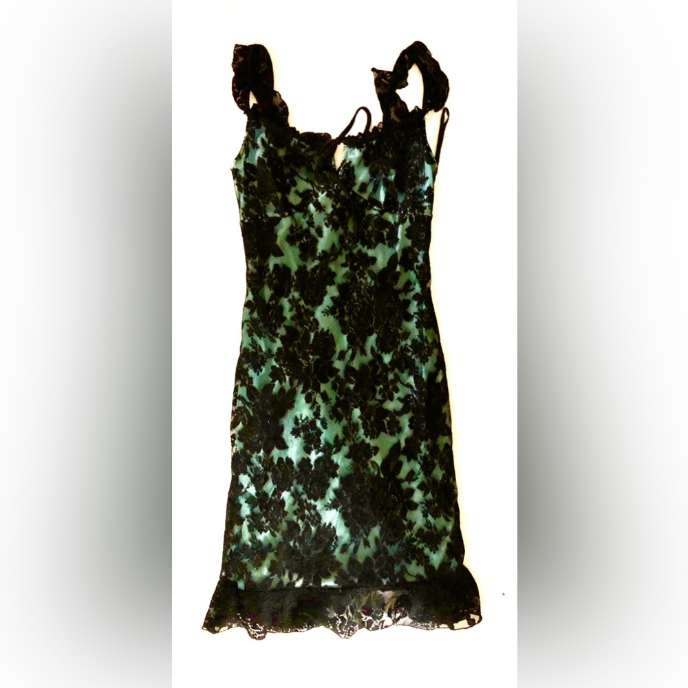 Ruby Rox Black Lace Full Slip with Aqua lining Size Medium